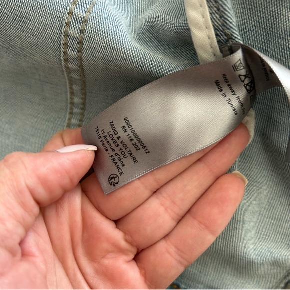 $448 Zadig & Voltaire Kioky Denim Skull Strass Jacket S Small Embellished Jean - Picture 12 of 14